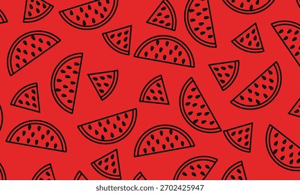 Patrón de contorno sin fisuras de sandía. Patrón sin fisuras de rodajas de sandía. Contorno de fruta de Vector lindo sobre fondo rojo. Ideal para patrones de frutas, productos para niños y fondos alegres y vibrantes.