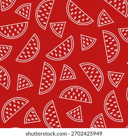 Watermelon Seamless Outline Pattern. Watermelon Slices Seamless Pattern. Cute Vector Fruit Outline on Red Background. Ideal for fruit patterns, kids' products, and cheerful vibrant backgrounds.
