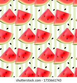 Watermelon seamless pattern 3D. Sweet abstract  background. Vector illustration. Repeating texture with slice watermelon and seeds. Realistic summer ornament. Modern design paper, wallpaper, textile.