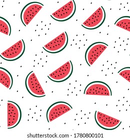 Watermelon seamless pattern. Abstract hand drawn watermelon slices texture isolated white background. Vector illustration.