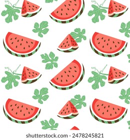 Watermelon seamless pattern. Berry slices and leaves on white background. Summer design for banners, holiday cards, flyers. Vector illustration.