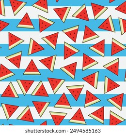 watermelon seamless pattern, a collection of triangular shaped watermelons scattered in an outline style on a blue and white background