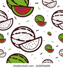 watermelon seamless pattern with color and without color-drawn