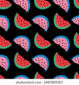Watermelon seamless pattern. Colored watermelon on a black background. Summer vector illustration for fabric, background, cover, case, wrapping paper
