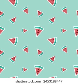 Nahtloses Muster der Wassermelone. Bunte Sommer nahtlose Muster mit tropischen Früchten, Eis, Blätter, Tukan, Flamingo, Blumen und Sommer-Ikonen Memphis Stil. Sommer nahtlose Vektorillustration.