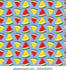 Watermelon seamless pattern design with red and yellow fruits on sky blue background. Flat vector illustration and design for fabric, textile, fashion, wallpaper, wrapping and all prints.