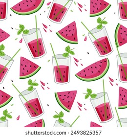 Watermelon Seamless pattern with drink cocktails background vector.