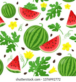 Watermelon seamless pattern in flat design. Watermelon slices, leaves, flowers and seeds, summer pattern illustration isolated on white background.