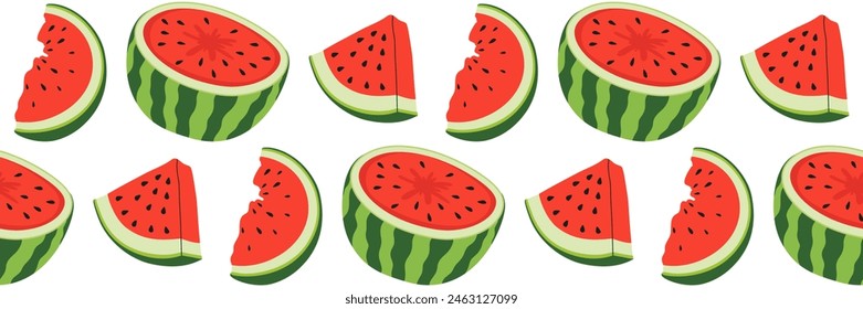 Patrón sin costuras de sandía. Sandías y rodajas enteras frescas y jugosas. Fondo de verano. Ilustración de verano de la fruta para el libro de recetas, postal, menú. Producto saludable. Ilustración plana de Vector.