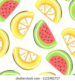 Watermelon seamless pattern. Fresh watermelons and orange summer detox