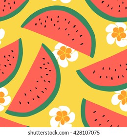 Watermelon seamless pattern. Watermelon fruit. Watermelon background. Fruit pattern. Summer fabric. Summer textile design with fruit, flowers. Hand drawn design. Vector illustration background.