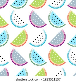 Watermelon seamless pattern. Fruit and berry seamless watermelon background. Juicy cute pattern. Vector stock illustration