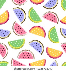 Watermelon seamless pattern. Fruit and berry seamless watermelon background. Juicy cute pattern. Vector stock illustration