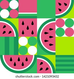 Watermelon Seamless Pattern. Fruit Slice Background In Geometric Style. Vegetarian Food. Vector Abstract Illustration.