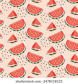 Watermelon seamless pattern. Fruit slices and decorative elements on light pink background. Summer design for banners, holiday cards, flyers. Vector illustration.