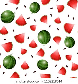 Watermelon. Seamless pattern. Fruits, sliced fruits and seeds.  Design templates for textiles, posters, wrapping paper. Vector template

