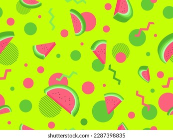 Watermelon seamless pattern with geometric shapes. Isometric 3d slices of watermelon with seeds on a green background. Design for posters, wallpaper, print promotional items. Vector illustration