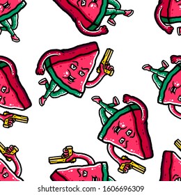Watermelon Seamless Pattern. Watermelon With Guns Seamless Pattern. Watermelon Seamless Pattern Cartoon Style. Watermelon Seamless Pattern With Guns on white background isolated. Stock Vector Illustra