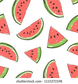 Watermelon seamless pattern. Hand drawn watermelon slice. Vector illustration. Vintage illustration.