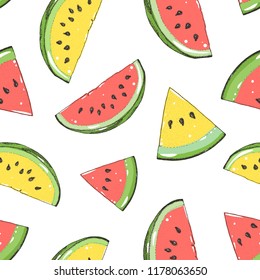 Watermelon seamless pattern. Hand drawn watermelon slice. Vector illustration. Vintage illustration.