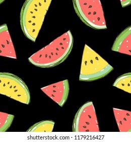 Watermelon seamless pattern. Hand drawn watermelon slice. Vector illustration. Vintage illustration.