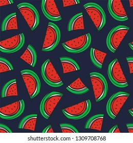 Watermelon seamless pattern. Hand drawn fresh berry. Vector sketch background. Doodle wallpaper. Red, blue and green summer print