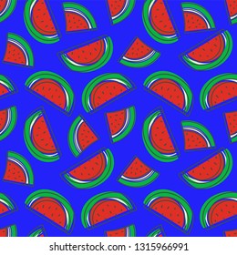Watermelon seamless pattern. Hand drawn fresh berry. Vector sketch background. Doodle wallpaper. Red, blue and green summer print