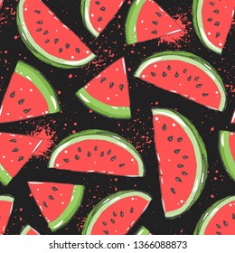 Watermelon seamless pattern. Hand drawn watermelon slice. Vector illustration. Vintage illustration. Fresh watermelon.
