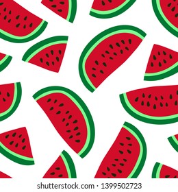 Watermelon seamless pattern. Hand drawn fresh berry. Vector sketch background. Red and green print for kitchen tablecloth, curtain or dishcloth. Fashion design. Doodle wallpaper