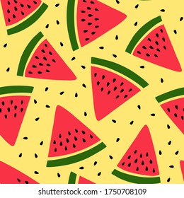 Wassermelone nahtloses Muster. Handgezeichnete frische Beerenscheibe. Vektorgrafik-Hintergrund. Rot-grüner Druck für Küchentisch, Vorhang oder Geschirr. Modedesign