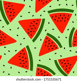 Watermelon seamless pattern. Hand drawn fresh berry slice. Vector sketch background. Red and green print for kitchen tablecloth, curtain or dishcloth. Fashion design