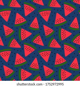 Watermelon seamless pattern. Hand drawn fresh berry slice. Vector sketch background. Print for kitchen tablecloth, curtain or dishcloth. Fashion design