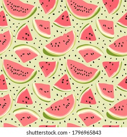 Watermelon seamless pattern. Hand drawn watermelon slice and seeds. Vector illustration for textile, paper and other products. Bright colored pink and red slices of berries on a white background.
