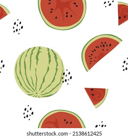 Patrón de sandía sin costuras. La mano sacó fruta fresca. Fondo de dibujo colorido. Papel pintado de doodle colorido. Impresión verde y roja