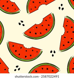 Watermelon seamless pattern with hand drawn juicy fruit slices, summertime background vector illustration