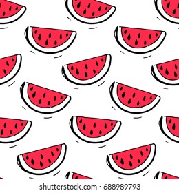 Watermelon seamless pattern with hand drawn illustrations. Summer texture.