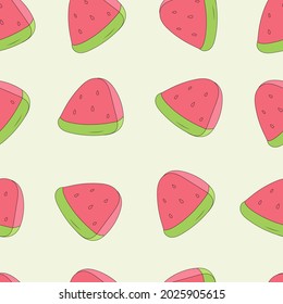 Watermelon seamless pattern. Hand-drawn slices of watermelon on a light background. Doodle vector pattern.