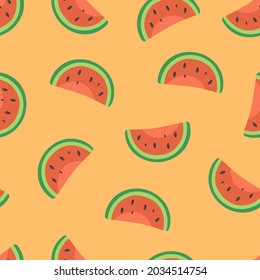 Watermelon seamless pattern. Hand-drawn slices of watermelon on a orange background. Vector pattern.