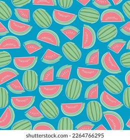 Watermelon seamless pattern isolated on blue background.