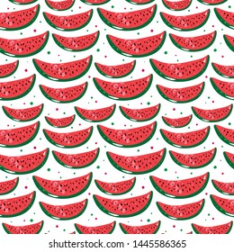 Watermelon seamless pattern. Juicy and colorful illustration on white background. Vector.