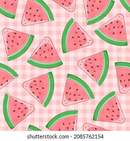 Watermelon seamless pattern. Juicy translucent lollipop slices on pink checkered background. Tasty fruit fabric and wrapping paper print. Kawaii vector illustration