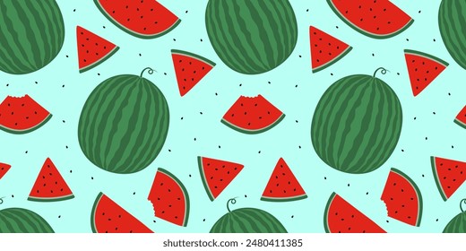 Patrón sin fisuras de sandía sobre fondo azul. Fruta tropical de verano en rodajas, entera y en trozos de sandía. Textura de repetición dulce de verano. Ilustración vectorial plana de color