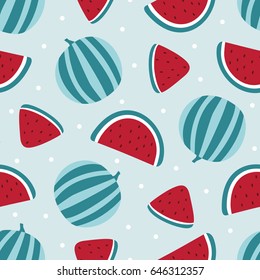 Watermelon seamless pattern on blue background. Vector illustration