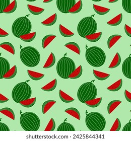 Watermelon seamless pattern on a green background. Cute hand drawn design.