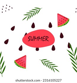 Watermelon seamless pattern on a light background with watermelon pits and palm leaves and the text "Summer". Sliced ​​watermelon, summer print for fabric, textile, packaging, wallpaper.
Vector eps 10
