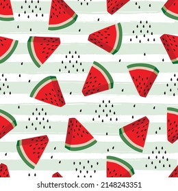 Patrón de sandía sin fisuras sobre fondo de pincel a rayas, diseño para la reserva de recortes, decoración, tarjetas, artículos de papel, fondo, papel pintado, envoltura, tela y todos tus proyectos creativos