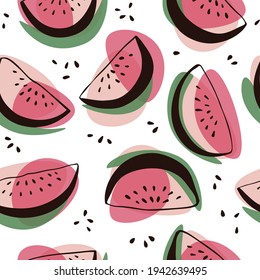 Patrón ininterrumpido de sandía en blanco. Fresco y luminoso fondo de verano. Estilo plano. Bueno para tela, textil, papel de regalo. Vector