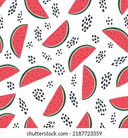 Watermelon seamless pattern on the white background. Summer ripe fruits concept. A delicious slices with seeds.