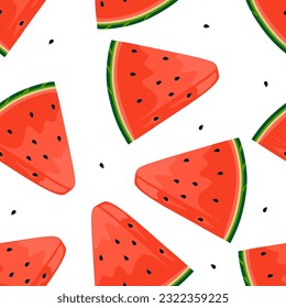 Watermelon seamless pattern on white background. Repeating texture with watermelon pieces and seeds. Summer fresh ripe fruit in flat cartoon style for textiles. Vector illustration