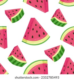 Watermelon seamless pattern on white background. Summer background with slices of watermelon. Vector flat illustration for fabric print, greeting card, wrapping.